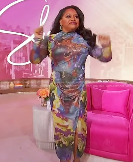 Sherri’s multicolored marble print dress on Sherri