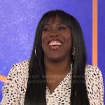 Sheryl Underwood’s white animal print blouse on Hollywood Squares