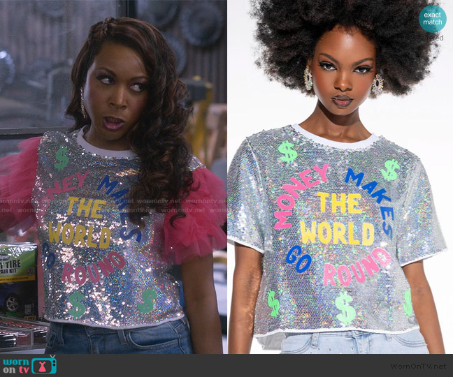 Akira Money Make the World Go Round Sequin Cropped Shirt worn by Tasha (Gabrielle Dennis) on The Upshaws