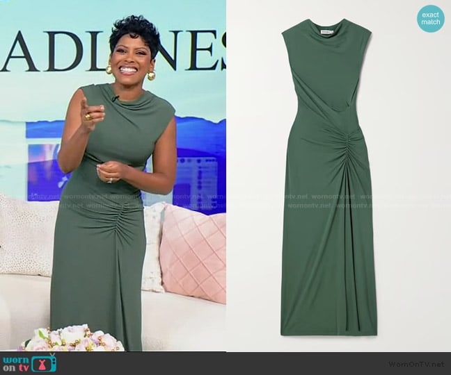 Simkhai Acacia draped ruched stretch-jersey midi dress worn by Tamron Hall on Tamron Hall Show