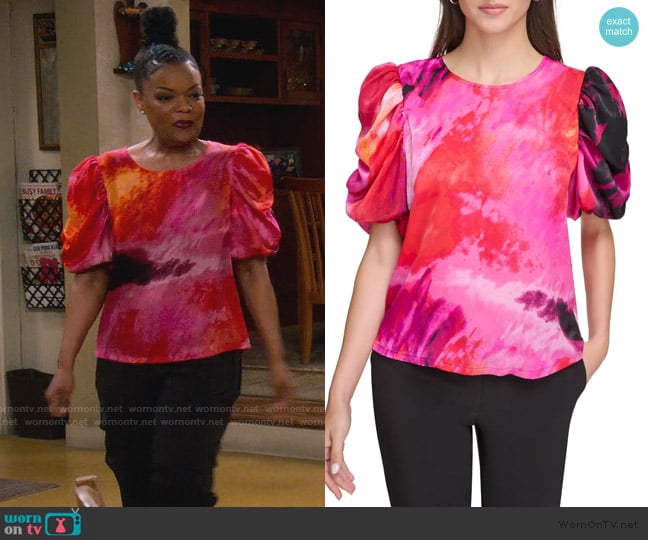 DKNY Print Puff Sleeve Satin Top worn by Joyce (Yvette Nicole Brown) on The Upshaws