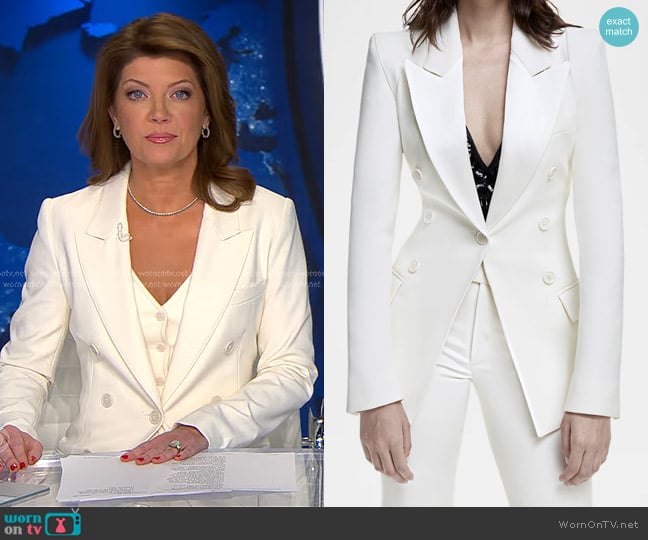 Norah’s white double breasted blazer on CBS Evening News