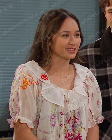 Sophia's white floral print blouse on Days of our Lives