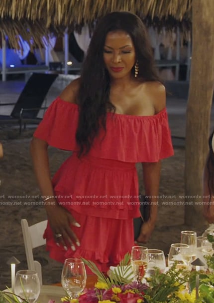 Stacey’s pink off shoulder ruffle dress on The Real Housewives of Potomac