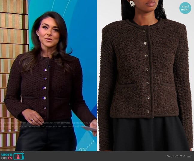 Staud Lisson Open-knit Jacket in Earth worn by Erielle Reshef on Good Morning America