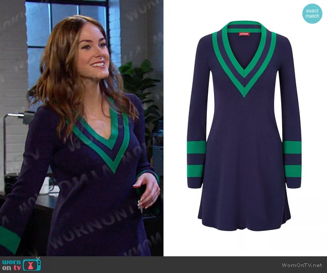 Staud Sunshine Striped Knit Minidress in Navy Seaweed worn by Stephanie Johnson (Abigail Klein) on Days of our Lives