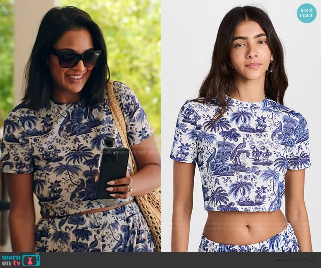 Jessel’s blue tropical print top on RHONY