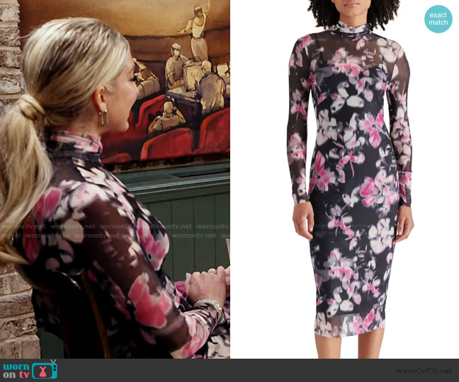 Steve Madden Vivienne Floral Long Sleeve Turtleneck Mesh Midi Dress worn by Ashley Bellman on E! News