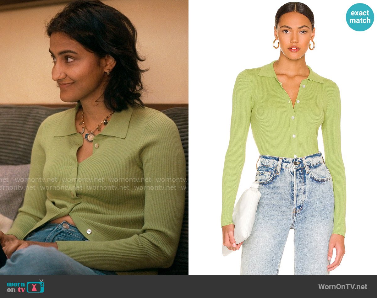 Stitches & Stripes Button Up Top in Moss worn by Bela Malhotra (Amrit Kaur) on The Sex Lives of College Girls