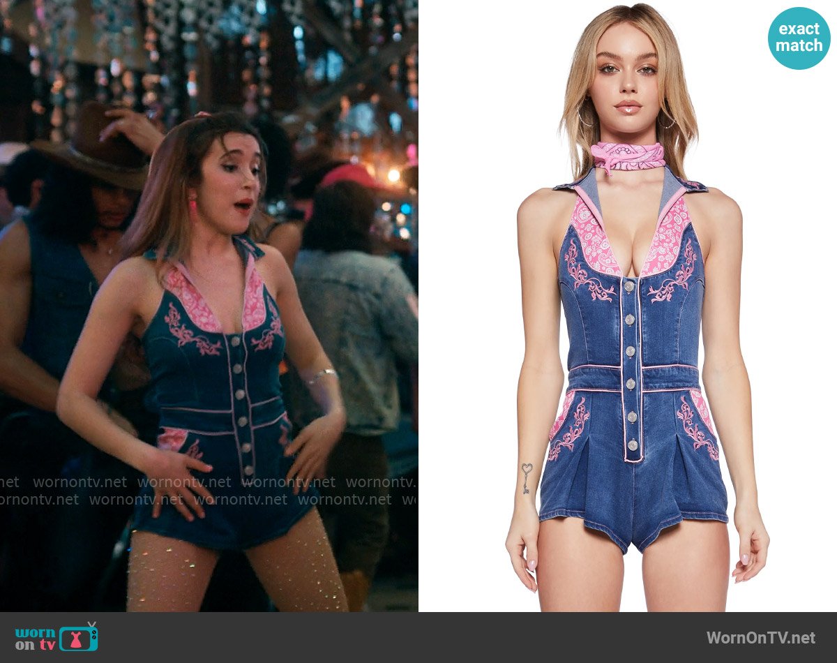 Sugar Thrillz Rodeo Rendezvous Denim Romper worn by Kacey (Gracie Lawrence) on The Sex Lives of College Girls