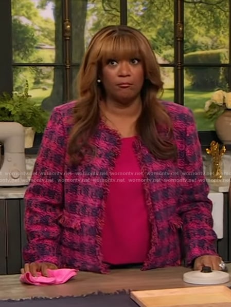 Sunny Anderson's pink tweed check blazer on The Drew Barrymore Show