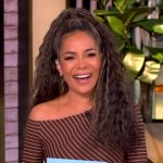 Sunny’s brown stripe off shoulder dress on The View