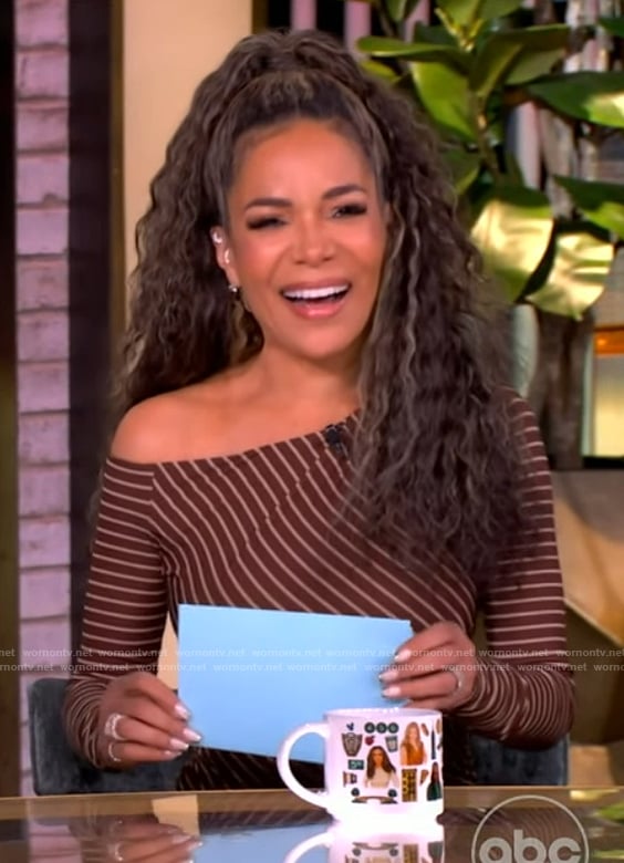 Sunny’s brown stripe off shoulder dress on The View