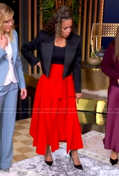 Sunny’s cropped black blazer and red ruffle skirt on The View