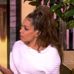 Sunny’s white ribbed off shoulder dress on The View