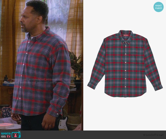 Supreme Multicolor Logo Knitted Plaid Cotton Shirt worn by Bernard Upshaw (Mike Epps) on The Upshaws