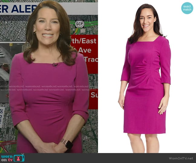 Tahari ASL Crepe Sheath Dress in Bright Beet worn by Heather O’Rourke on Good Morning America