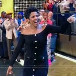 Tamron’s black button front off shoulder dress on Tamron Hall Show