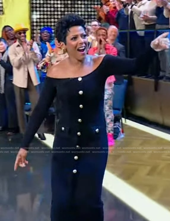 Tamron's black button front off shoulder dress on Tamron Hall Show