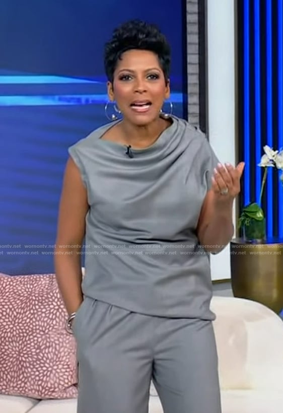 Tamron's gray gathered top and pants on Tamron Hall Show