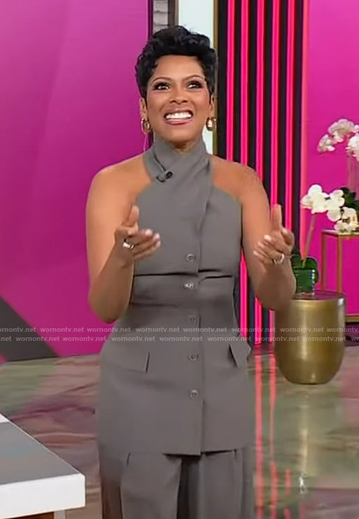 Tamron's gray halter neck top and pants on Tamron Hall Show