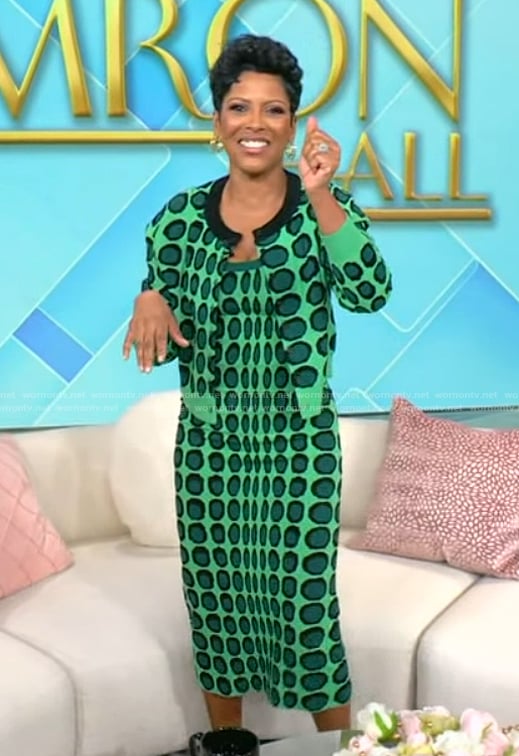 Tamron's green knit dot print cardigan and dress on Tamron Hall Show