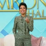 Tamron’s green polka dot tie neck top and pants on Tamron Hall Show