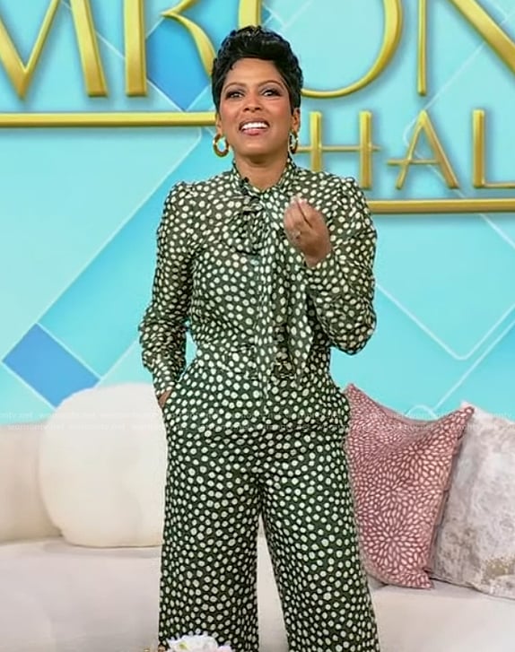 Tamron's green polka dot tie neck top and pants on Tamron Hall Show