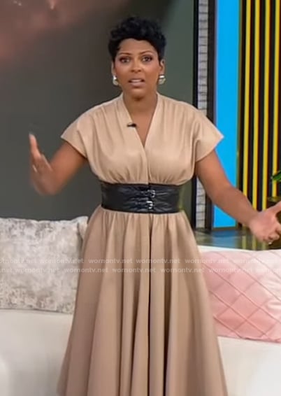 Tamron’s leather belted dress on Tamron Hall Show