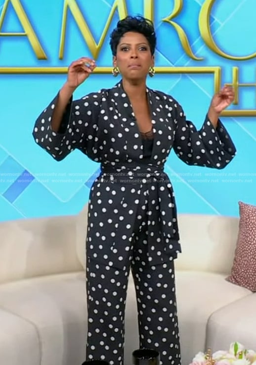 Tamron's black polka dot print jacket on Tamron Hall Show