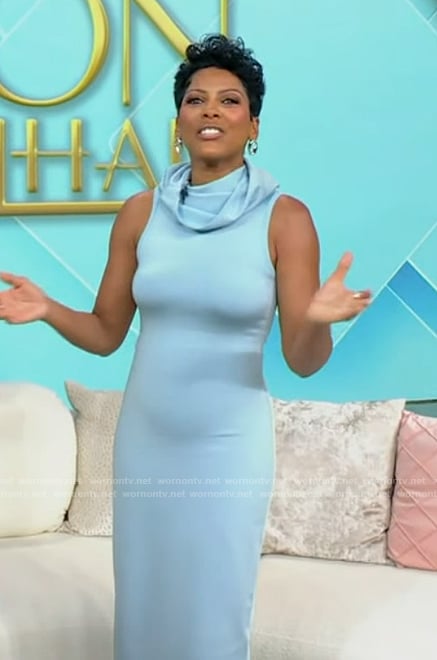 Tamron’s blue ruffle neck dress on Tamron Hall Show