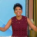 Tamron’s burgundy crochet knit top on Tamron Hall Show