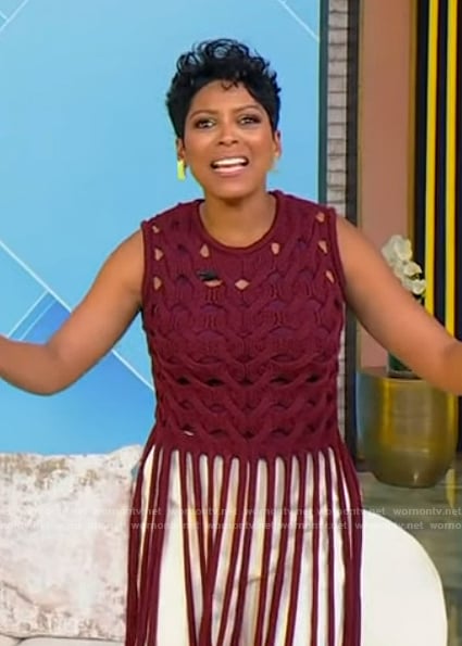 Tamron's burgundy crochet knit top on Tamron Hall Show