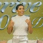 Tamron’s white cable knit vest and pants on Tamron Hall Show