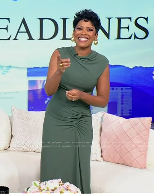 Tamron's sage ruched front dress on Tamron Hall Show