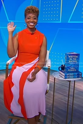 Tara Roberts's red colorblock midi dress on Good Morning America