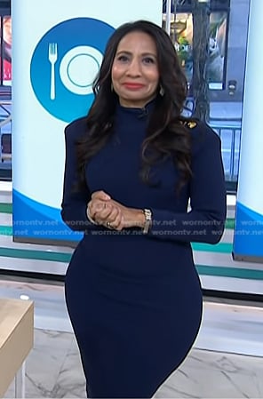 Dr. Taz Bhatia’s navy button shoulder dress on Today