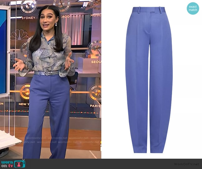 The Attico Front Pleated Wool Trousers in Violet worn by Morgan Radford on NBC News Daily