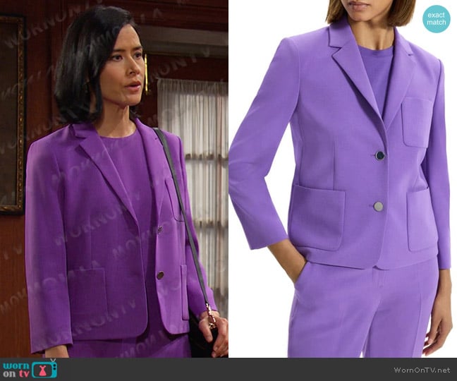 Theory Shrunken Single Breasted Blazer in Bright Peony worn by Amy Choi (Shi Ne Nielson) on Days of our Lives