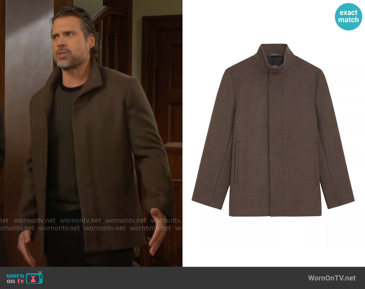 Theory Clarence Wool Melton Coat in Uniform Melange worn by Nick Newman (Joshua Morrow) on The Young and the Restless