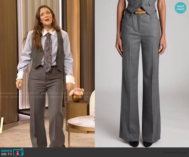 Tom Ford Metallic Stripe Wool Flannel Bootcut Pants worn by Drew Barrymore on The Drew Barrymore Show