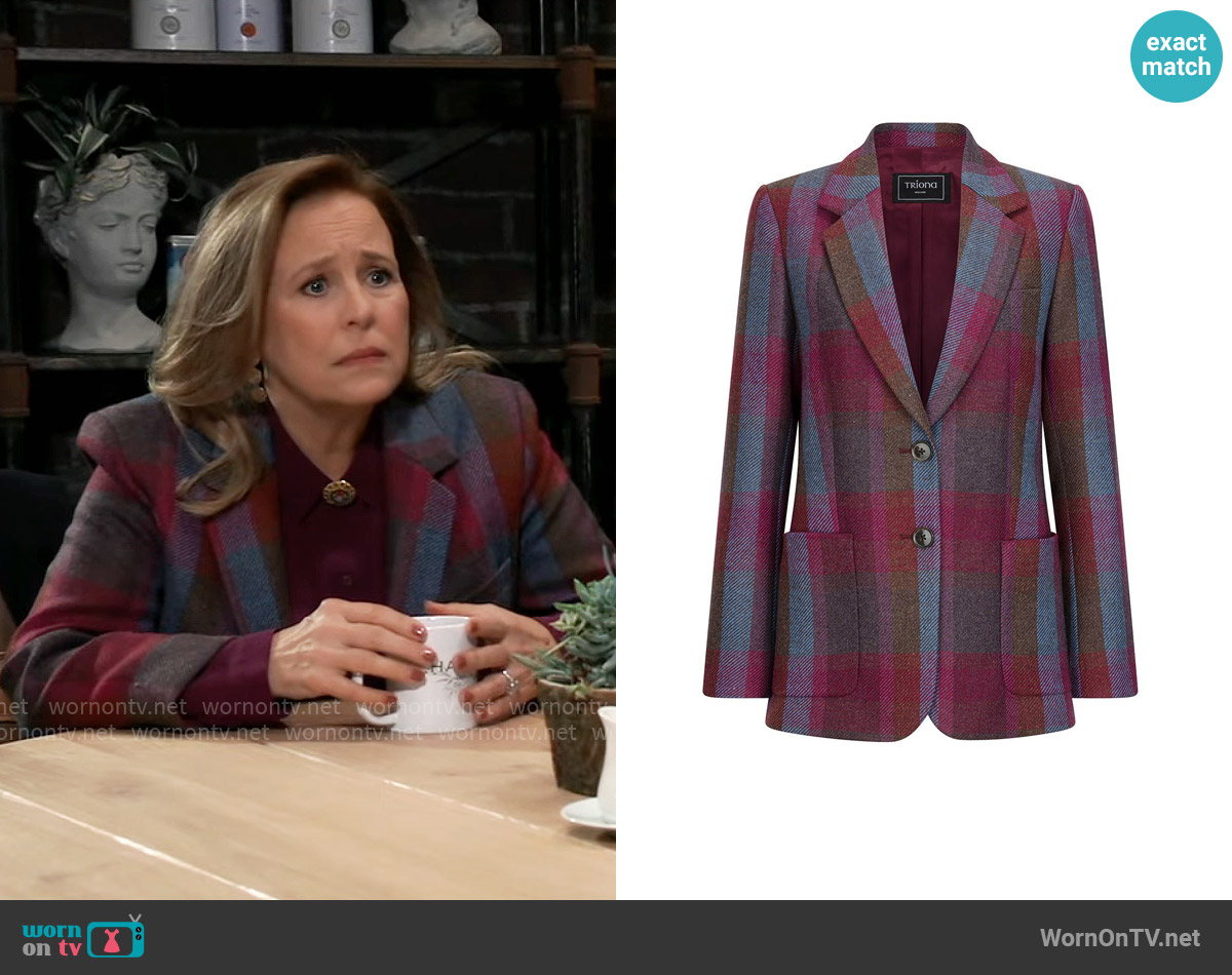 Triona Raspberry Check Una Patch Pocket Tweed Jacket worn by Laura Collins (Genie Francis) on General Hospital