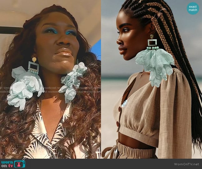 Truface by Grace Nonso Square Top Flower Petal Earrings in Seafoam worn by Bozoma Saint John on The Real Housewives of Beverly Hills