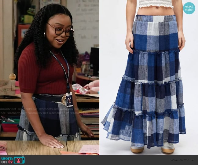 Urban Outfitters Remnants Tiered Gingham Maxi Skirt worn by Janine Teagues (Quinta Brunson) on Abbott Elementary