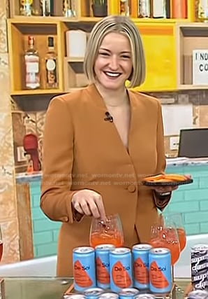 Vanessa Price’s camel lapelless blazer and pants on Today