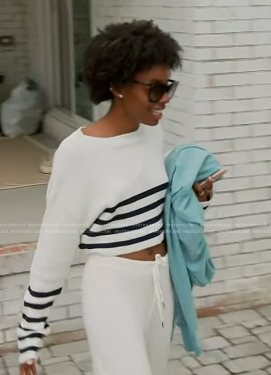 Venita's white stripe trim sweater and pants on Southern Charm