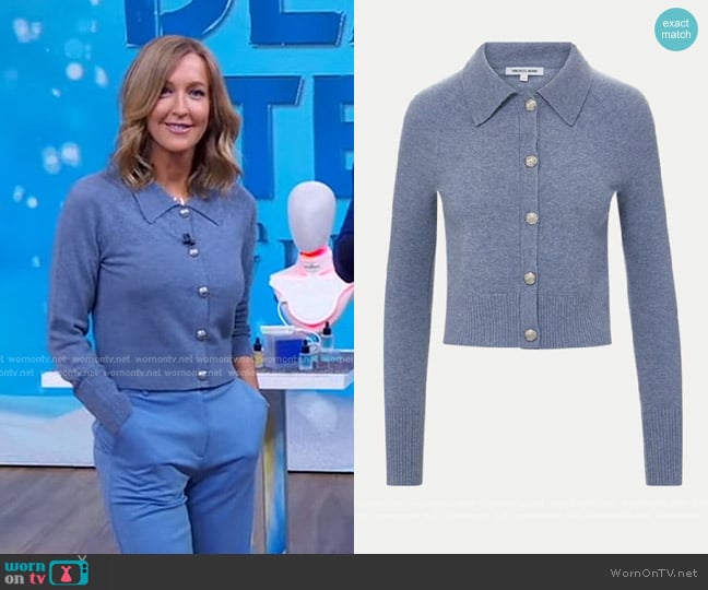 Veronica Beard Cheshire Cashmere Cardigan in Smoke Blue worn by Lara Spencer on Good Morning America