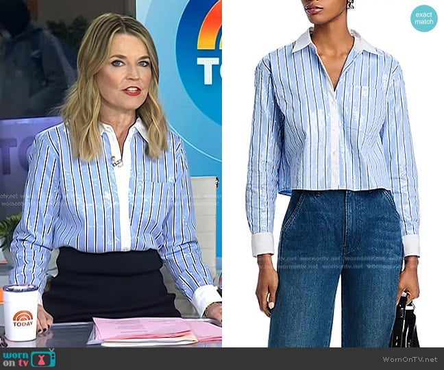 Veronica Beard Maia Sequin Shirt in Blue Sky/White worn by Savannah Guthrie on Today