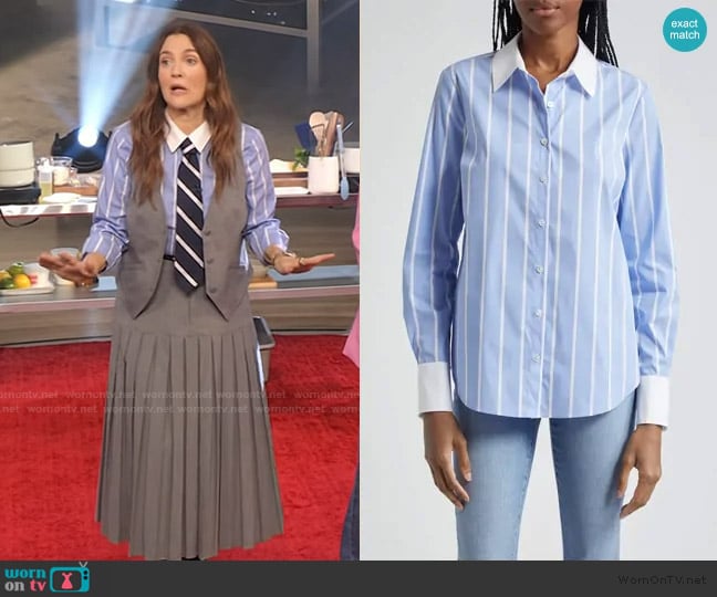 Veronica Beard Marisol Stripe Cotton Blend Button-Up Shirt worn by Drew Barrymore on The Drew Barrymore Show