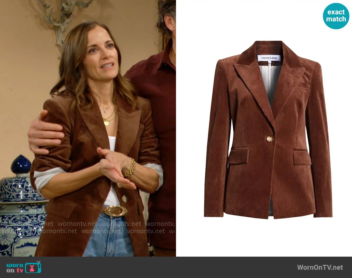 Veronia Beard Reagan Corduroy Blazer in Dark Cocoa worn by Taylor Hayes (Rebecca Budig) on The Bold and the Beautiful